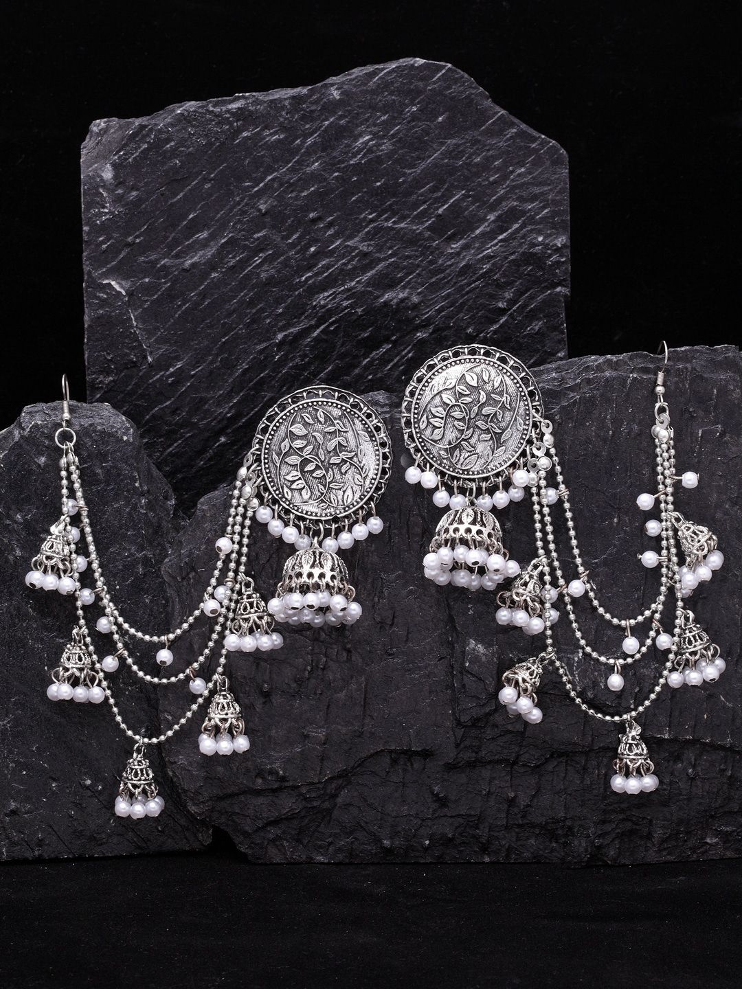 PANASH Silver Plated Oxidised Contemporary Jhumkas Price in India