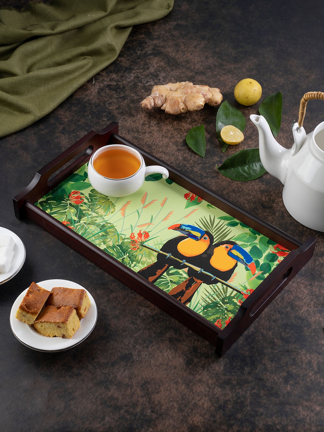 KOLOROBIA Green & Yellow Printed Tropical Rain Forest World Toucan Inspired Small Wooden Tray Price in India