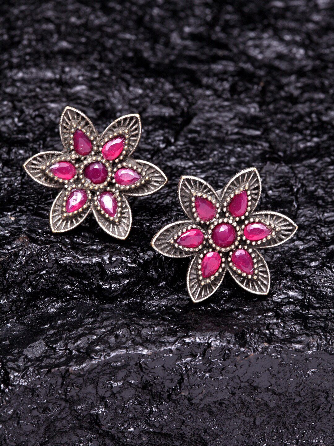 PANASH Pink Silver Plated Contemporary Oxidised Studs Price in India