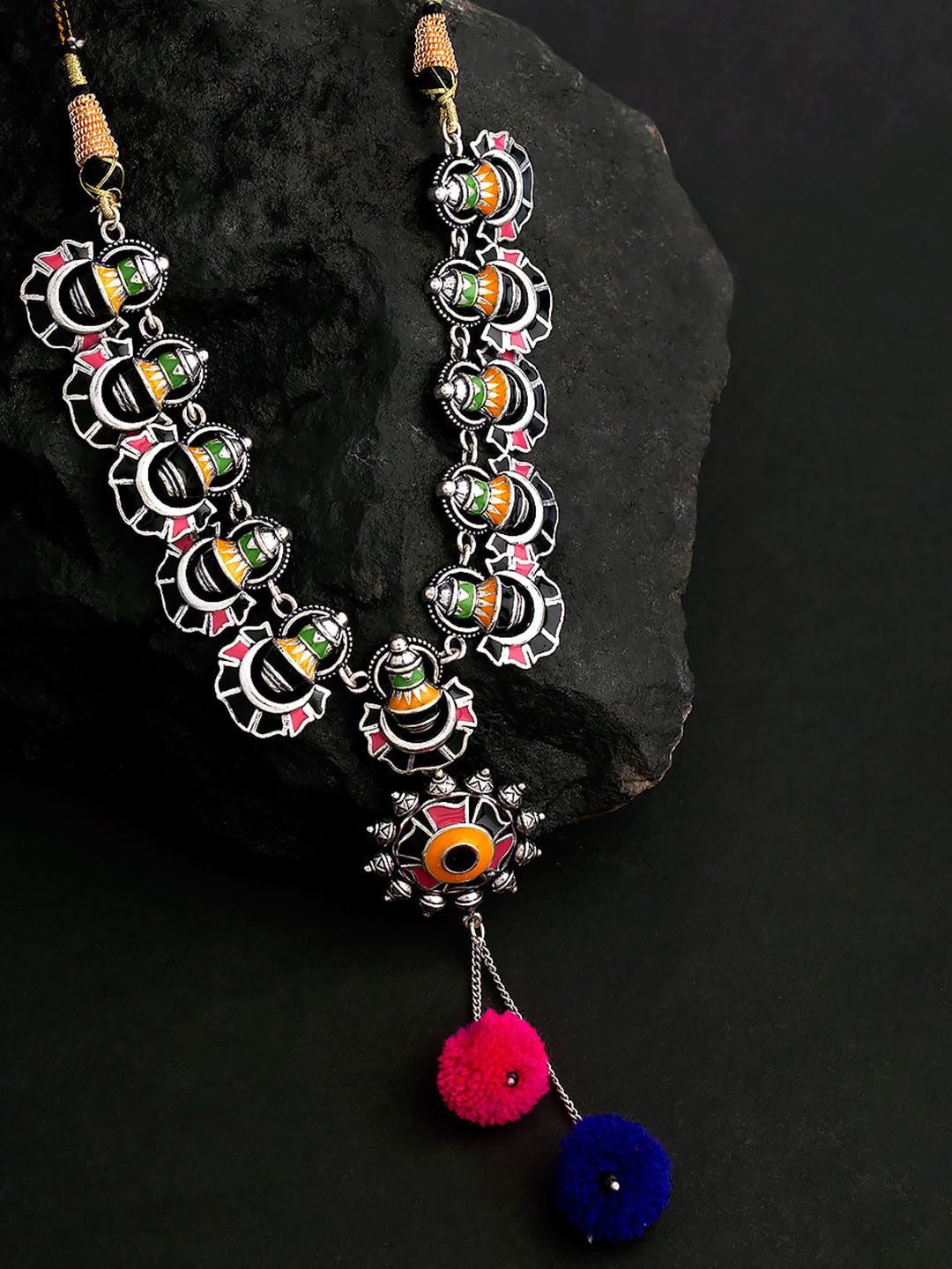 Studio Voylla Blue & Pink Brass Silver-Plated Enamelled Necklace Price in India