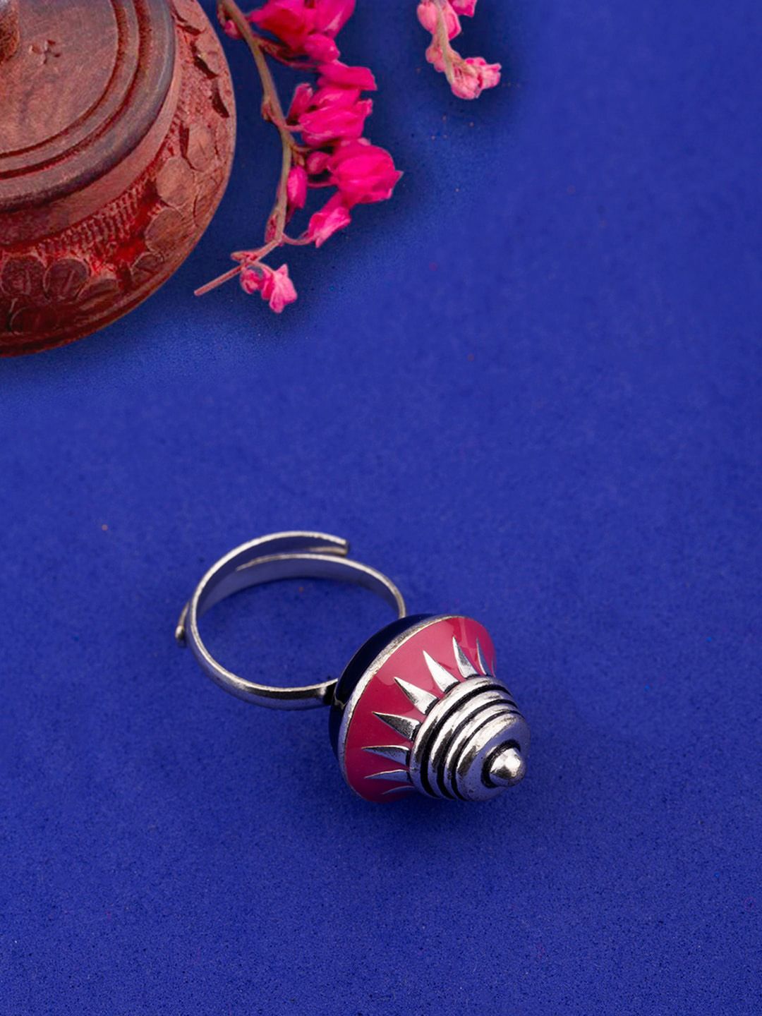 Studio Voylla Oxidized Silver-Plated Pink Enameled Statement Finger Ring Price in India