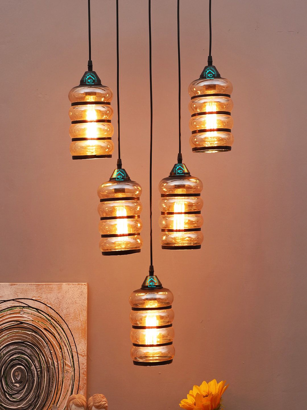 MFD HOME FURNISHING Brown & Transparent Textured Traditional Cluster Light Price in India