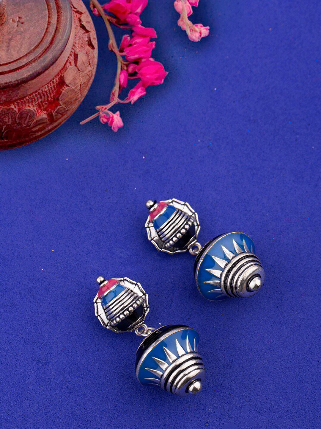 Studio Voylla Silver-Plated & Blue Geometric Drop Earrings Price in India