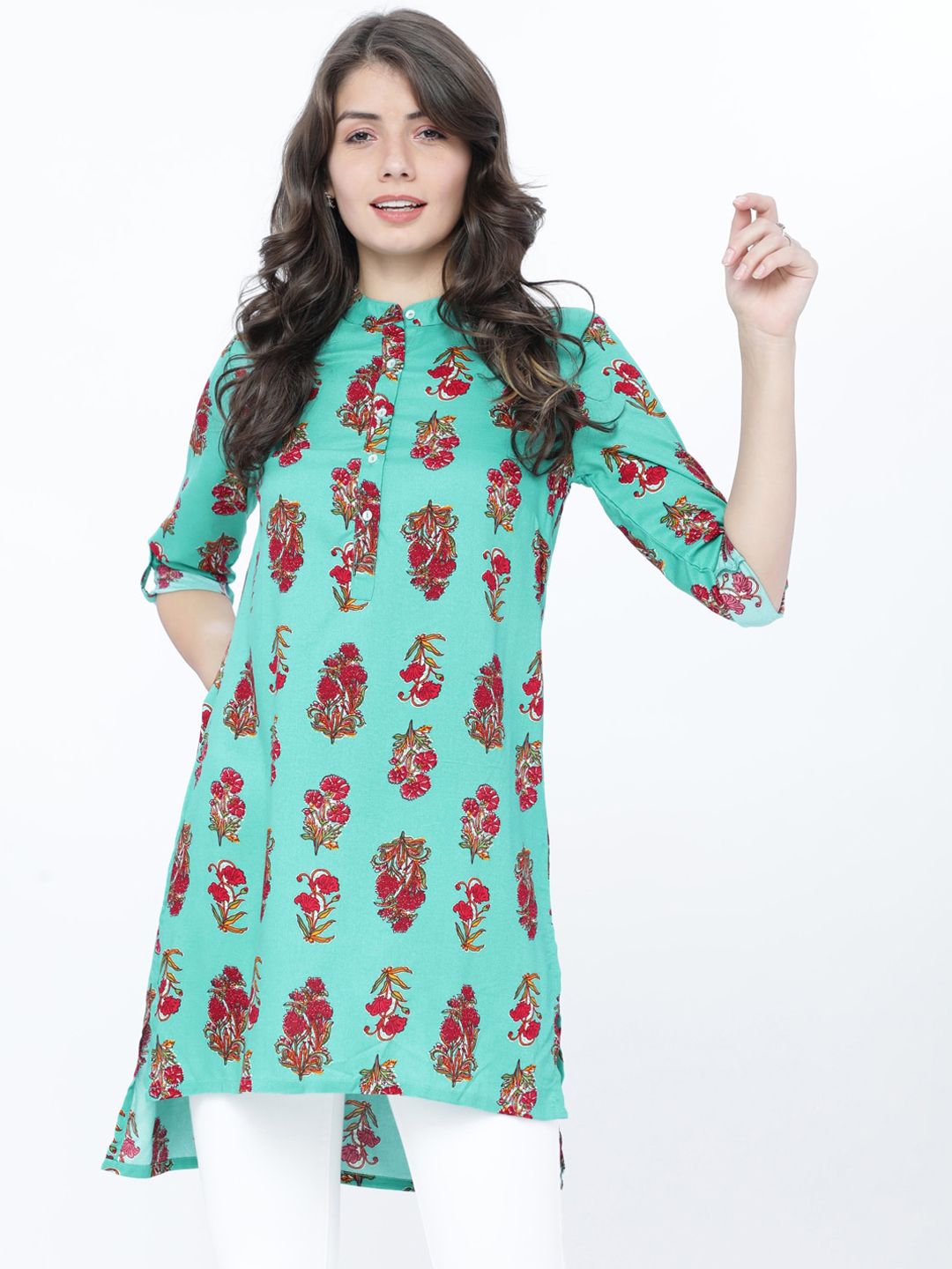 Vishudh Women Turquoise Blue & Maroon Printed Tunic Price in India