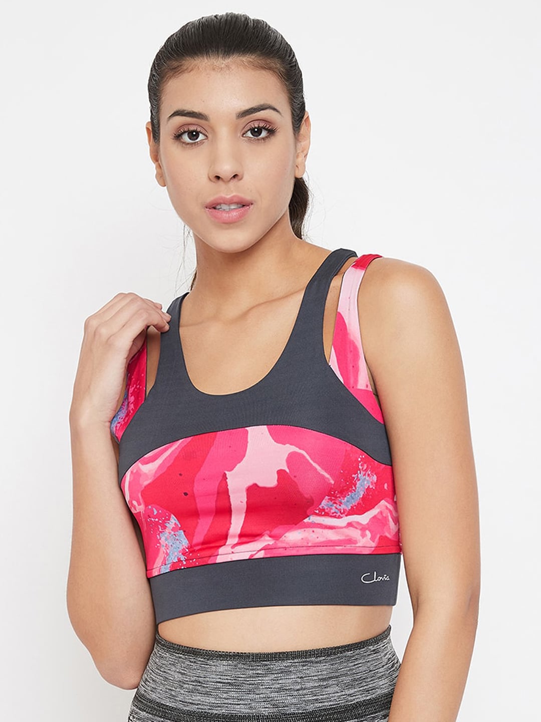 Clovia Pink Printed Non-Wired Full Coverage Lightly Padded Workout Bra BR2159P22XXL Price in India