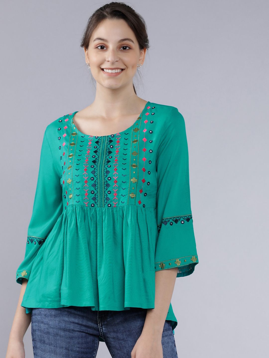 Vishudh Turquoise Blue Embroidered Flared Sleeves Top