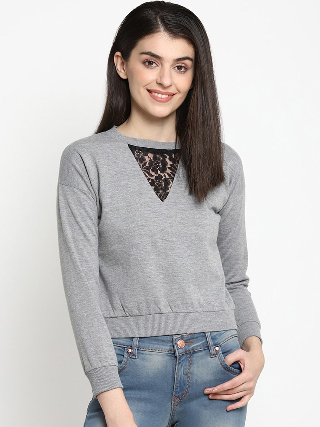 THREAD MUSTER Women Grey Solid Sweatshirt Price in India