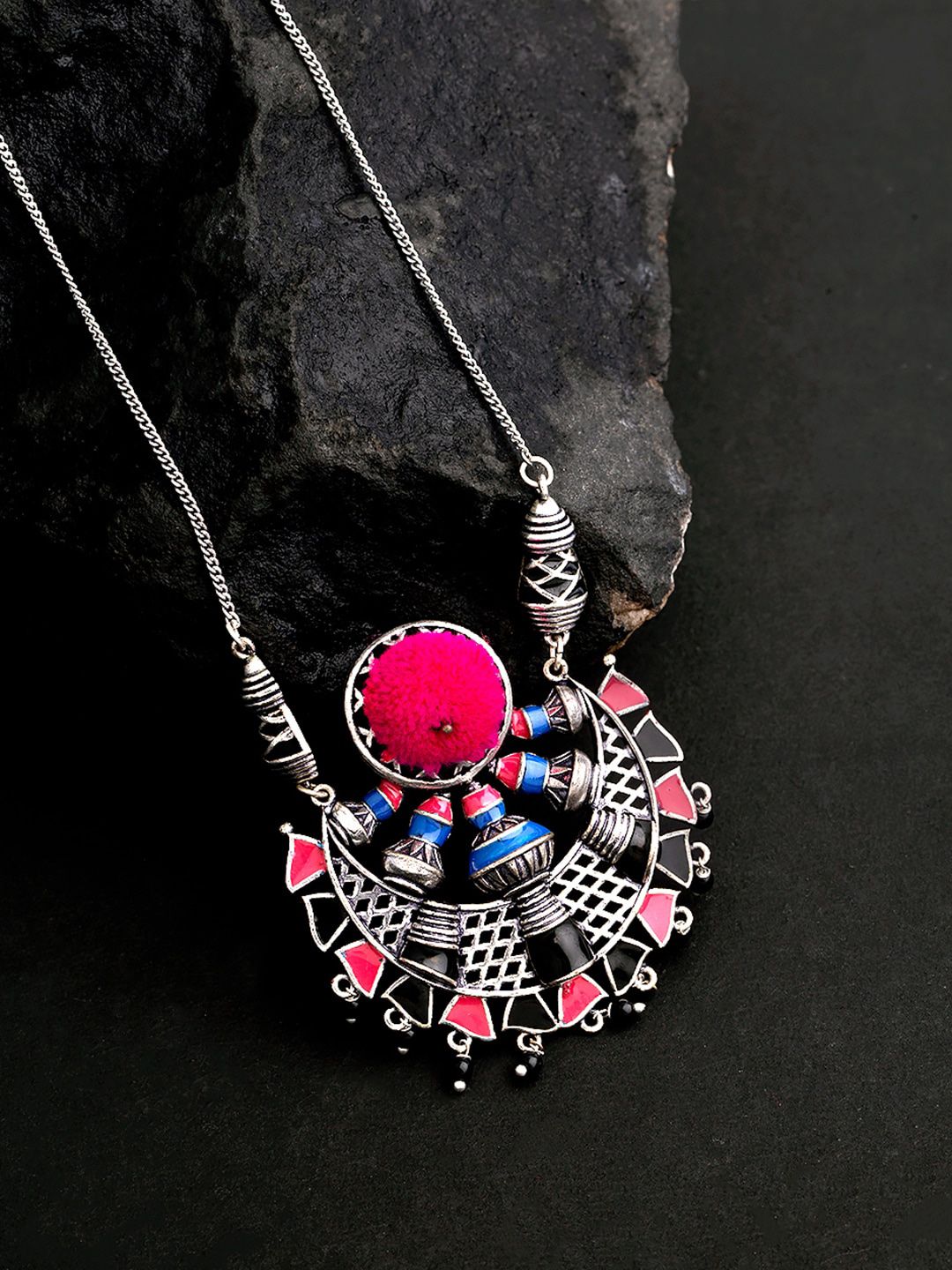 Studio Voylla Blue & Pink Silver-Plated Brass Enamelled Necklace Price in India