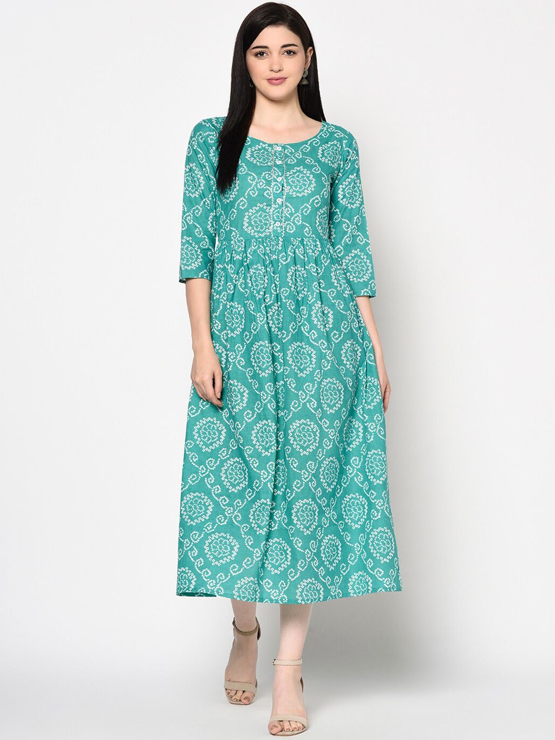 GULMOHAR JAIPUR Women Sea Green Printed A-Line Dress Price in India