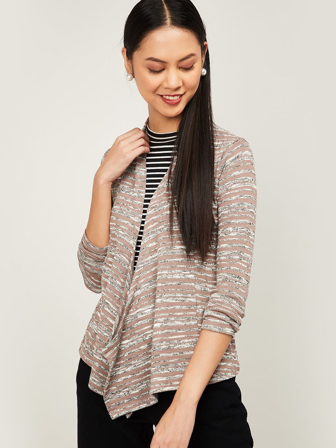 CODE by Lifestyle Women Grey & Pink Striped Open Front Shrug Price in India