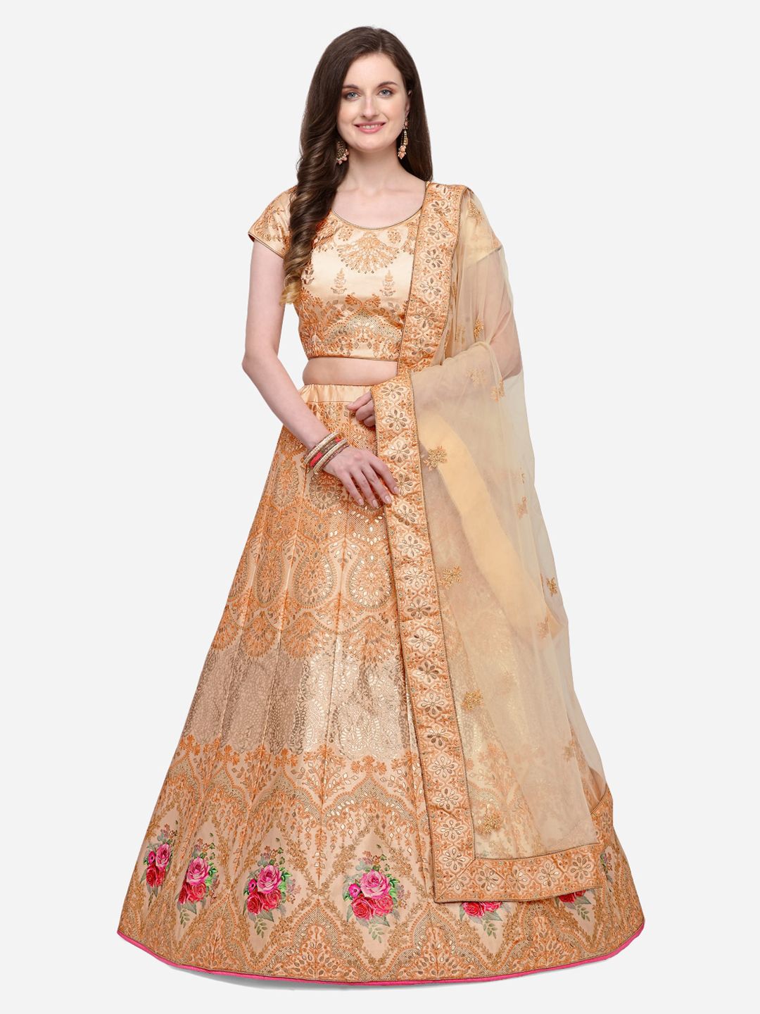 NAKKASHI Peach-Coloured & Gold-Toned Embroidered Semi-Stitched Lehenga & Unstitched Blouse with Dupatta