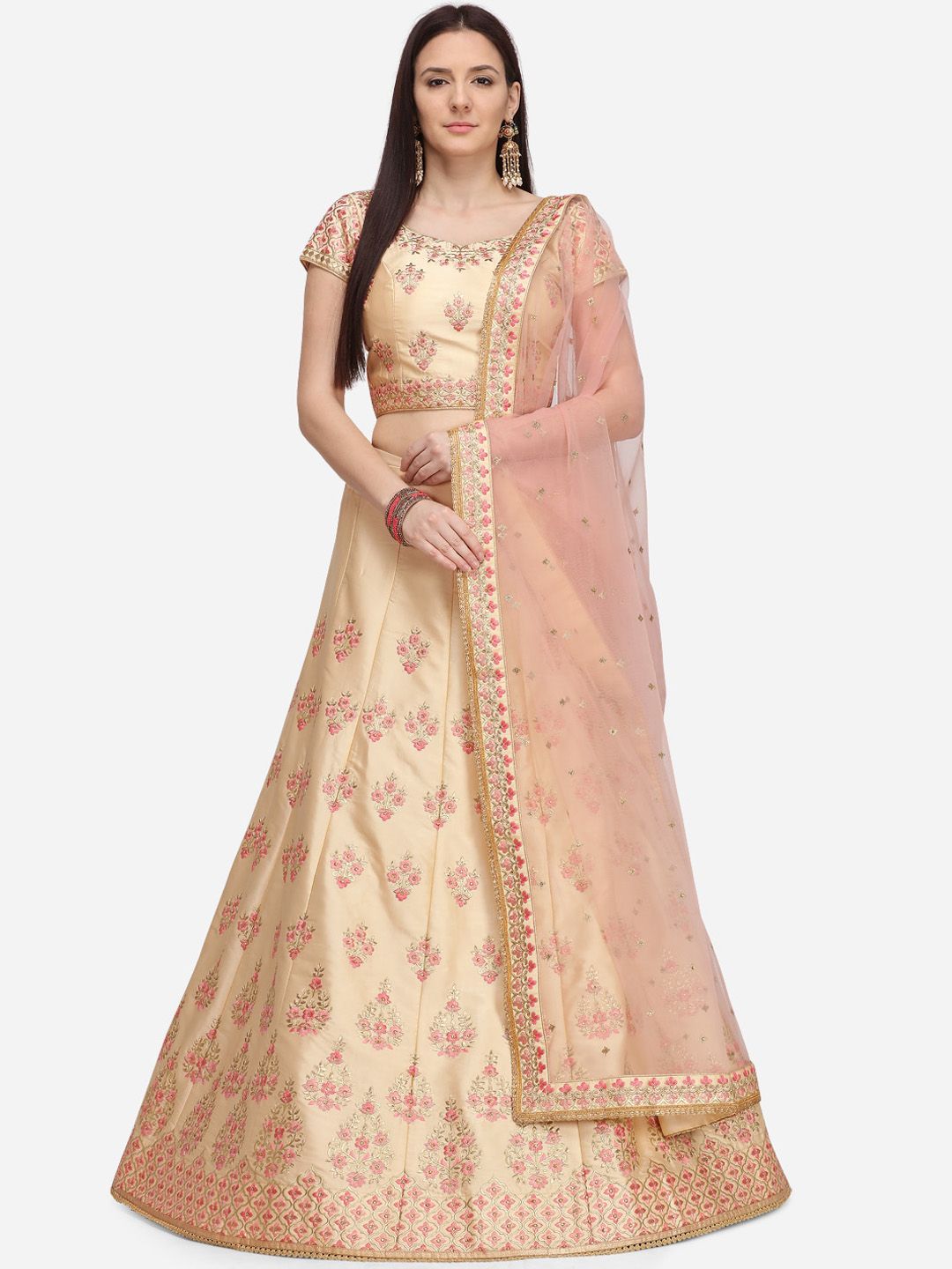 NAKKASHI Cream-Coloured & Gold-Toned Embroidered Semi-Stitched Lehenga & Unstitched Blouse with Dupatta