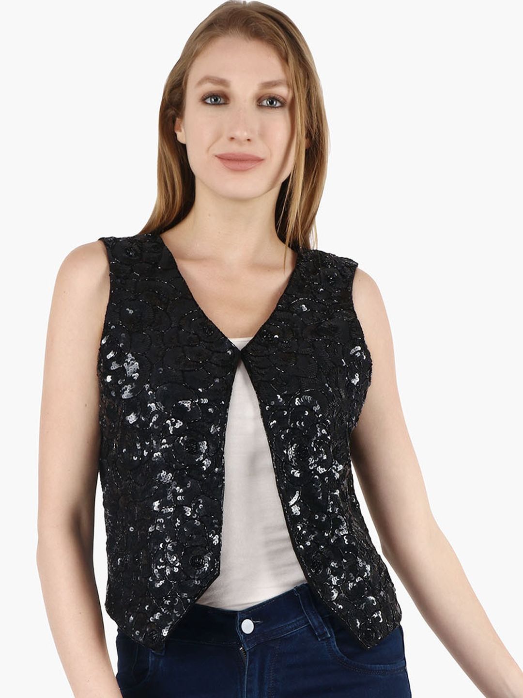 Diwaah Women Black Embellished Open Front Jacket Price in India