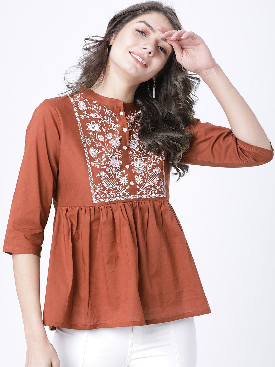 Vishudh Women Rust Floral Printed A-Line Top