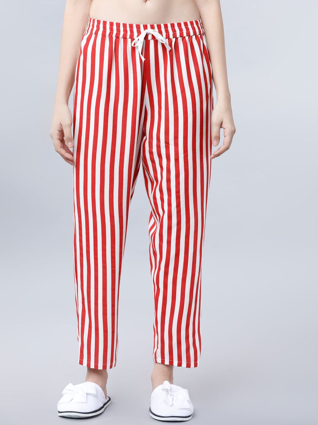 Tokyo Talkies Women Red & White Striped Lounge Pants Price in India