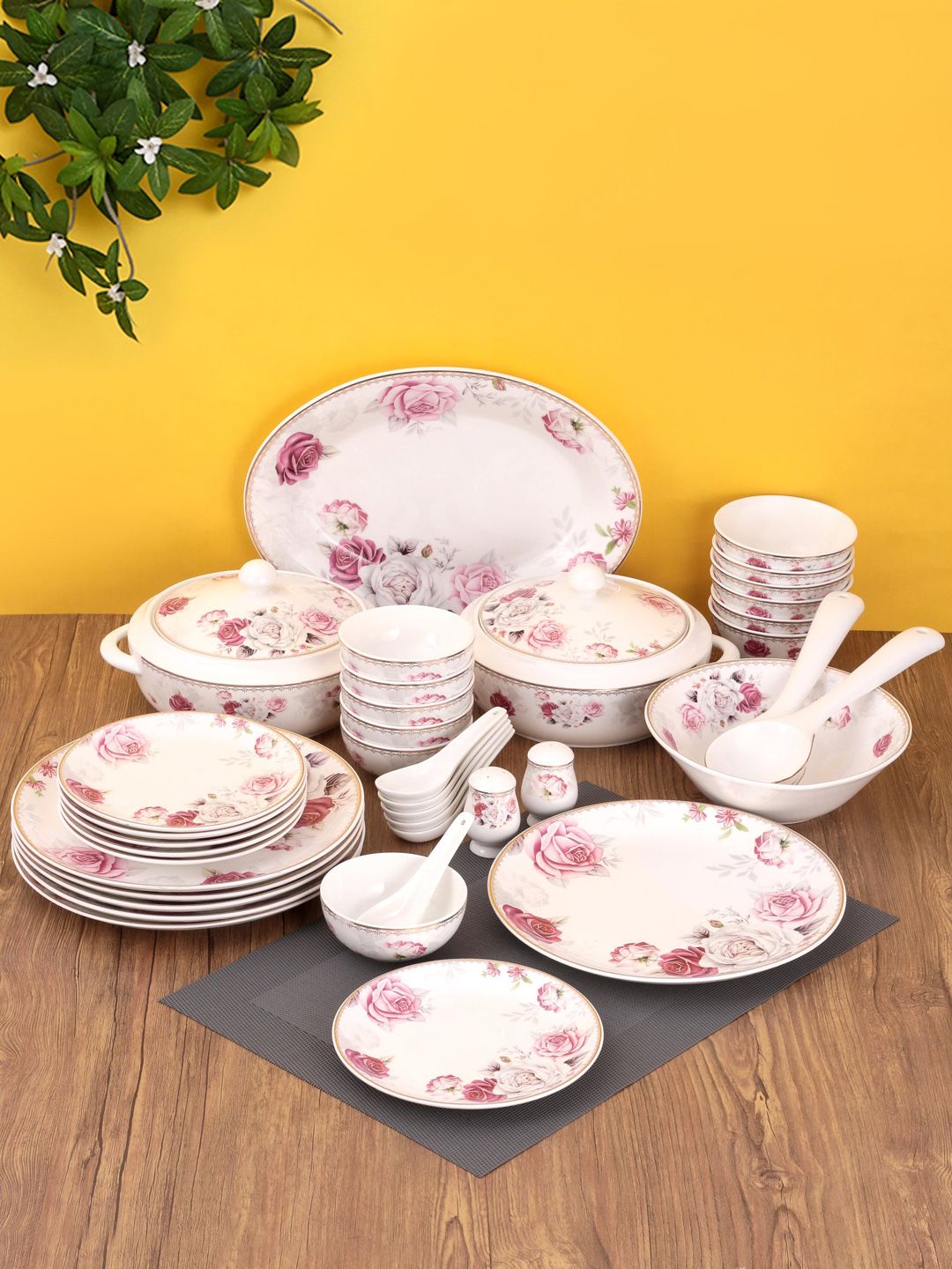 CLAY CRAFT White & Pink 40 Pieces Ceramic Printed Dinner Set Price in India