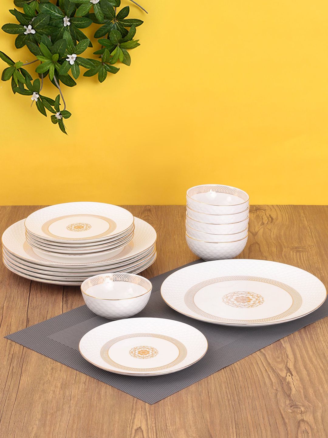 CLAY CRAFT White & Gold-Toned 18 Pieces Ceramic Printed Dinner Set Price in India