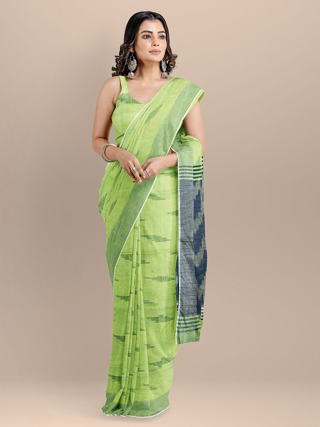 BharatSthali Green Pure Cotton Woven Design Ikat Saree