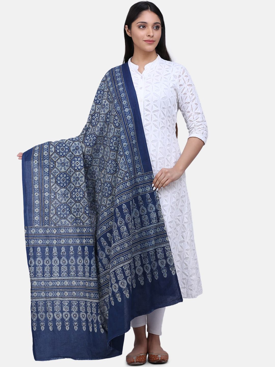 THE WEAVE TRAVELLER Navy Blue & White Printed Sustainable Dupatta Price in India