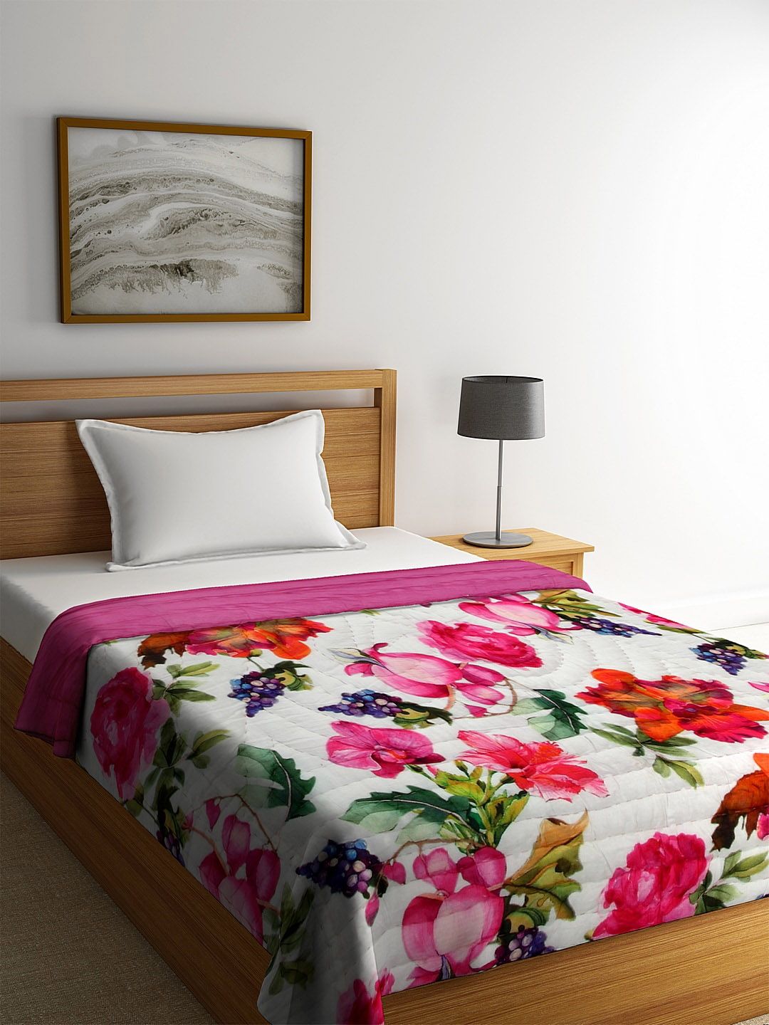 REME White & Pink Floral AC Room 150 GSM Single Bed Quilt Price in India