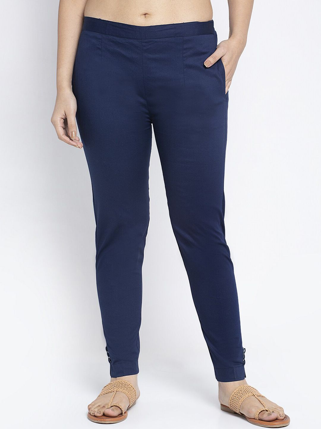 GRACIT Women Navy Blue Slim Fit Solid Cigarette Trousers