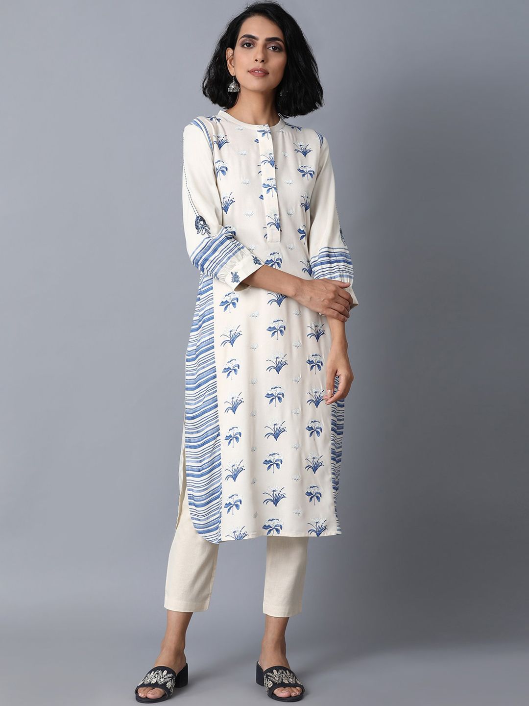 W Women Cream & Blue Printed A-Line Kurta Price in India