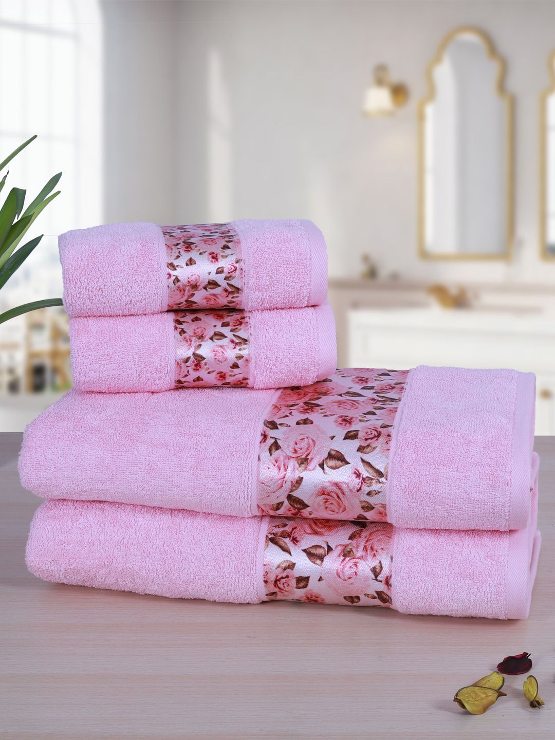 RANGOLI Set Of 4 Pink & Olive-green Floral Printed 450 GSM Towel Set Price in India