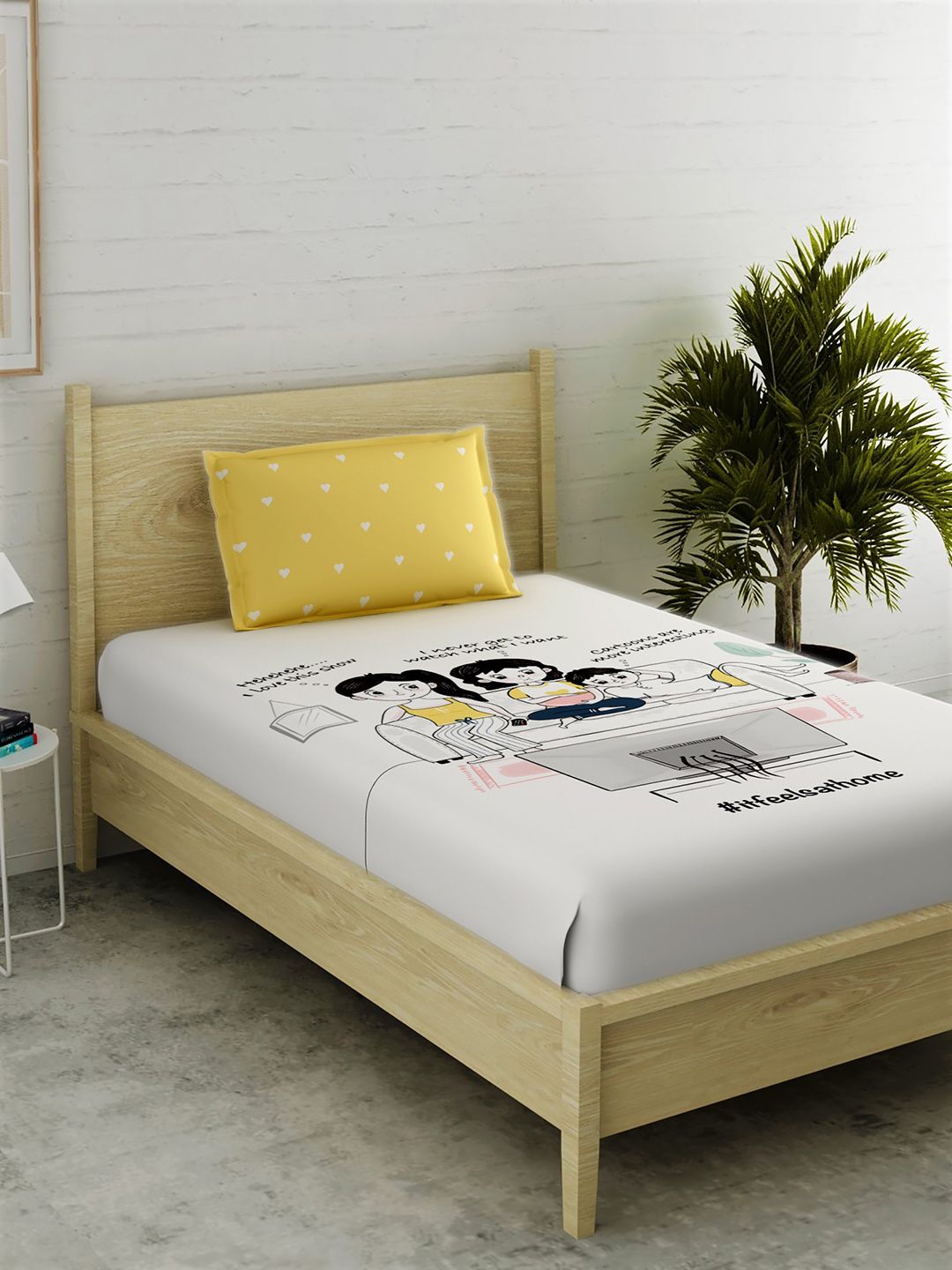 EverHOME White & Yellow Graphic 152 TC Cotton 1 Single Bedsheet with 1 Pillow Covers Price in India