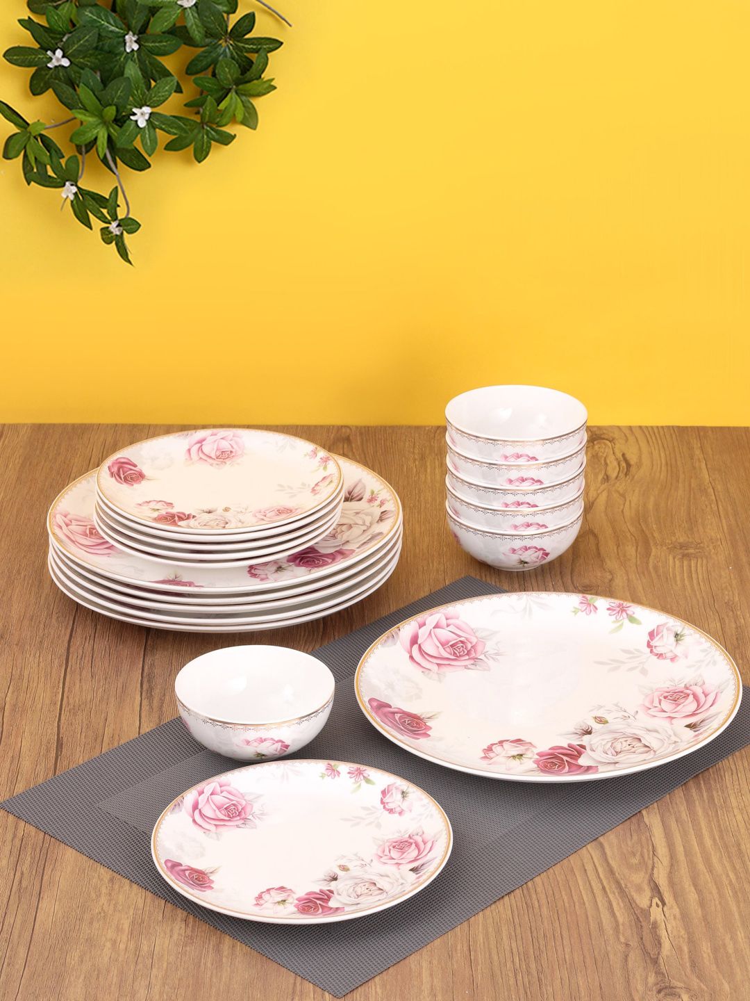 CLAY CRAFT White & Pink 18 Pieces Ceramic Printed Dinner Set Price in India