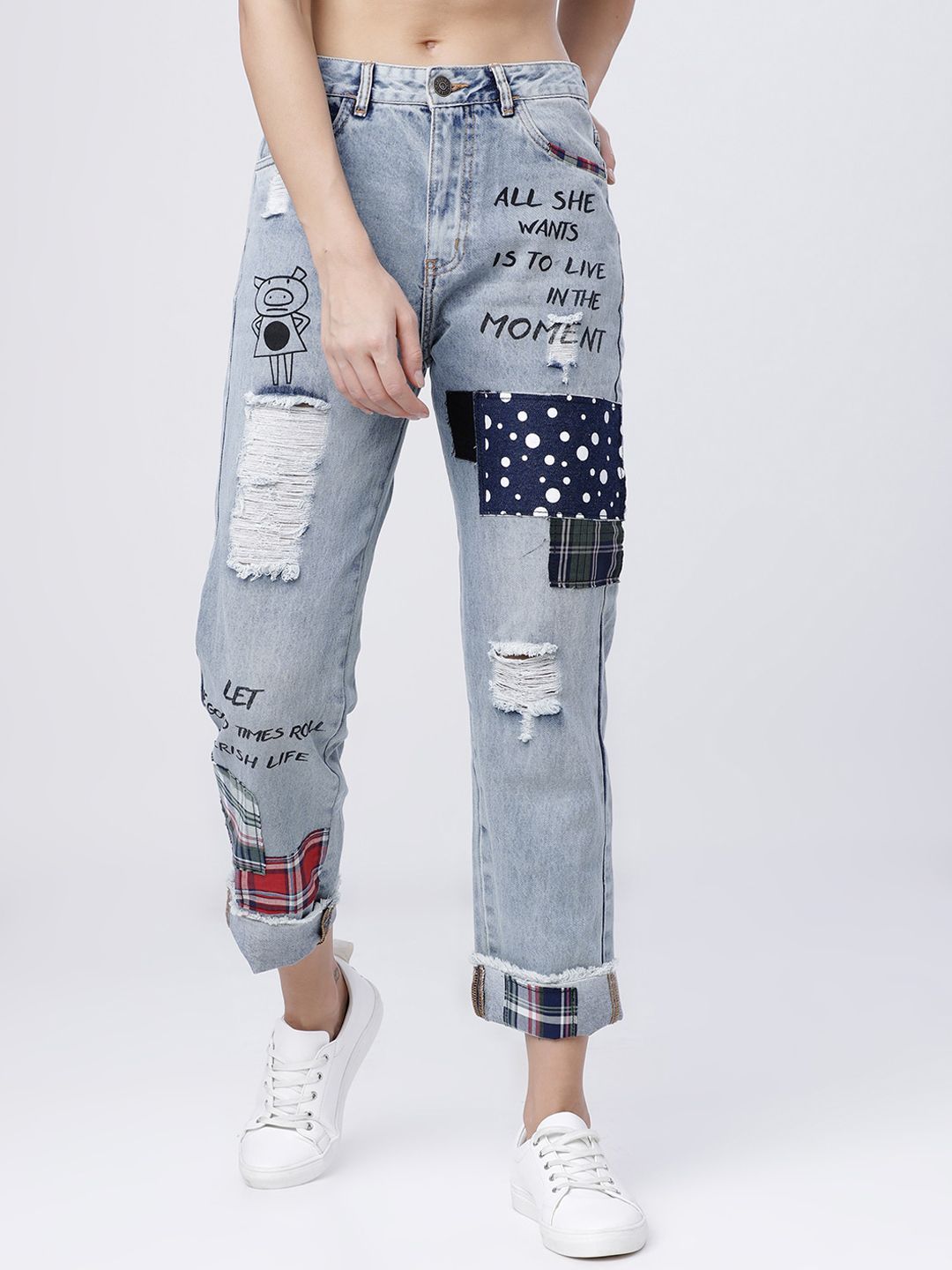 Tokyo Talkies Women Blue Boyfriend Fit Mid-Rise Highly Distressed Jeans Price in India