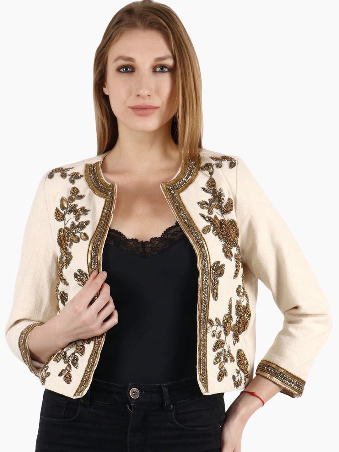 Diwaah Women Cream-Coloured Embellished Open Front Jacket Price in India