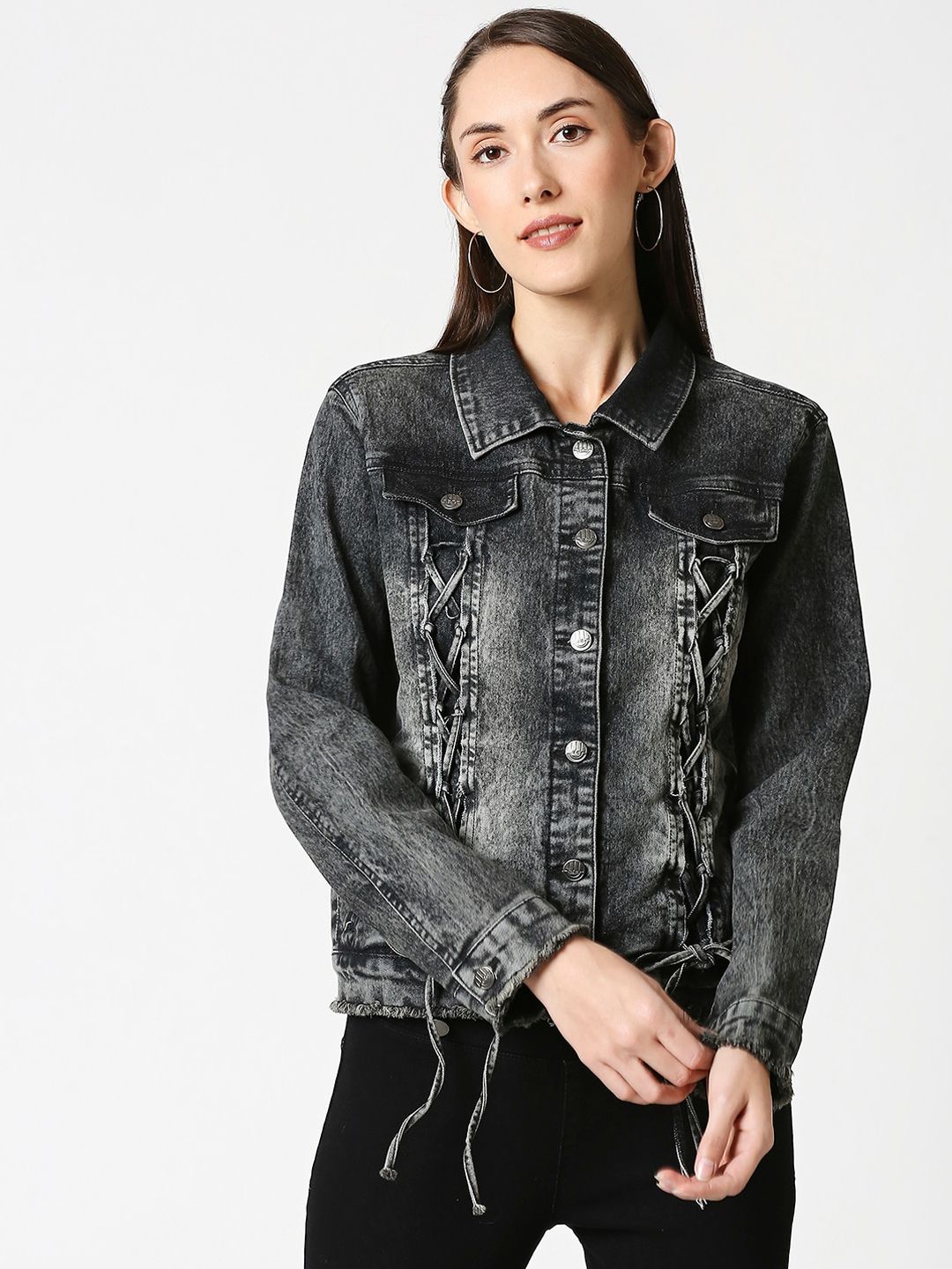 High Star Women Charcoal Grey Faded Stretchable Denim Jacket Price in India