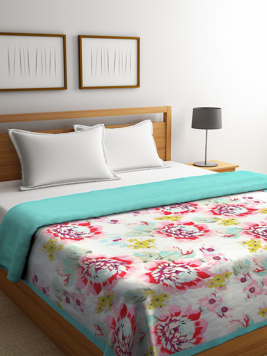 REME White & Turquoise Blue Floral AC Room 150 GSM 100% Organic Cotton Double Bed Quilt Price in India
