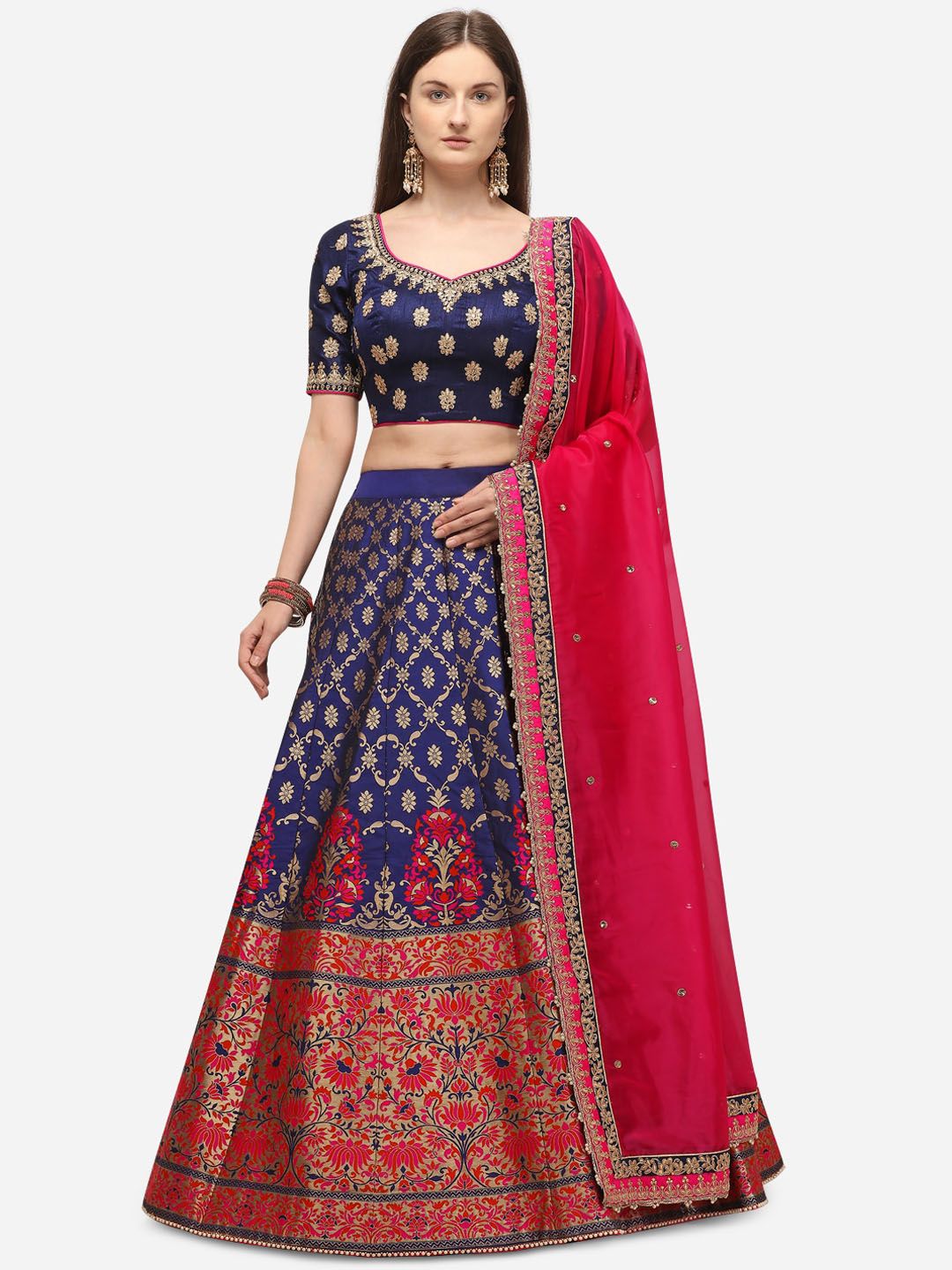 NAKKASHI Navy Blue & Red Embroidered Semi-Stitched Lehenga & Unstitched Blouse with Dupatta