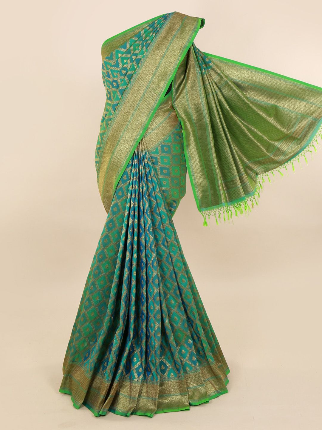 Pothys Green & Gold-Toned Pure Silk Woven Design Banarasi Saree