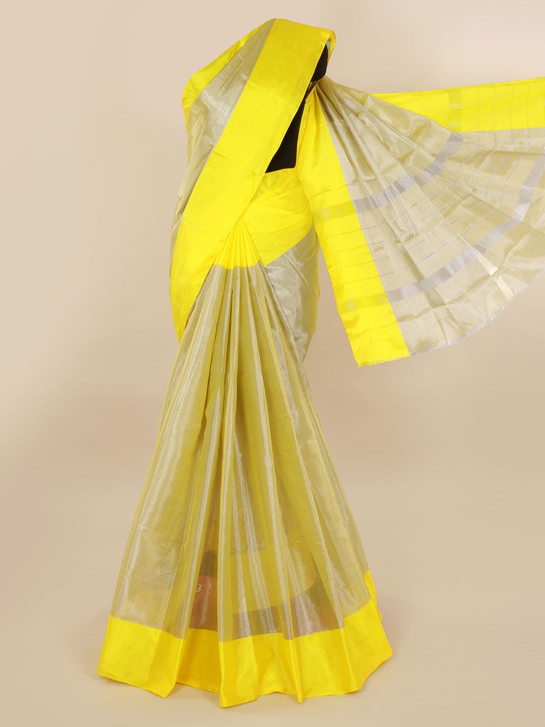 Pothys Cream-Coloured & Silver-Toned Tissue Solid Saree