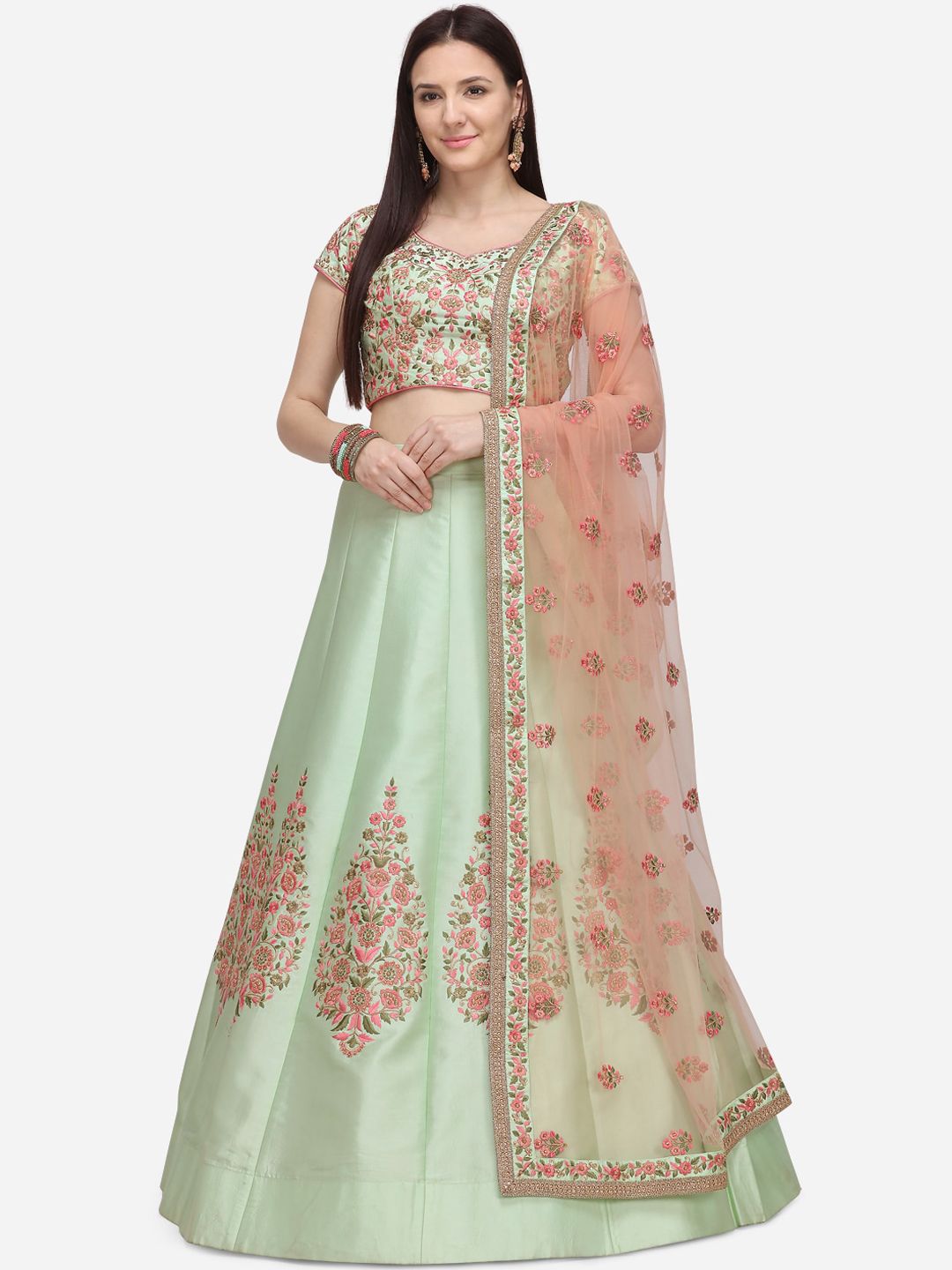 NAKKASHI Green & Peach-Coloured Embroidered Semi-Stitched Lehenga & Unstitched Blouse with Dupatta