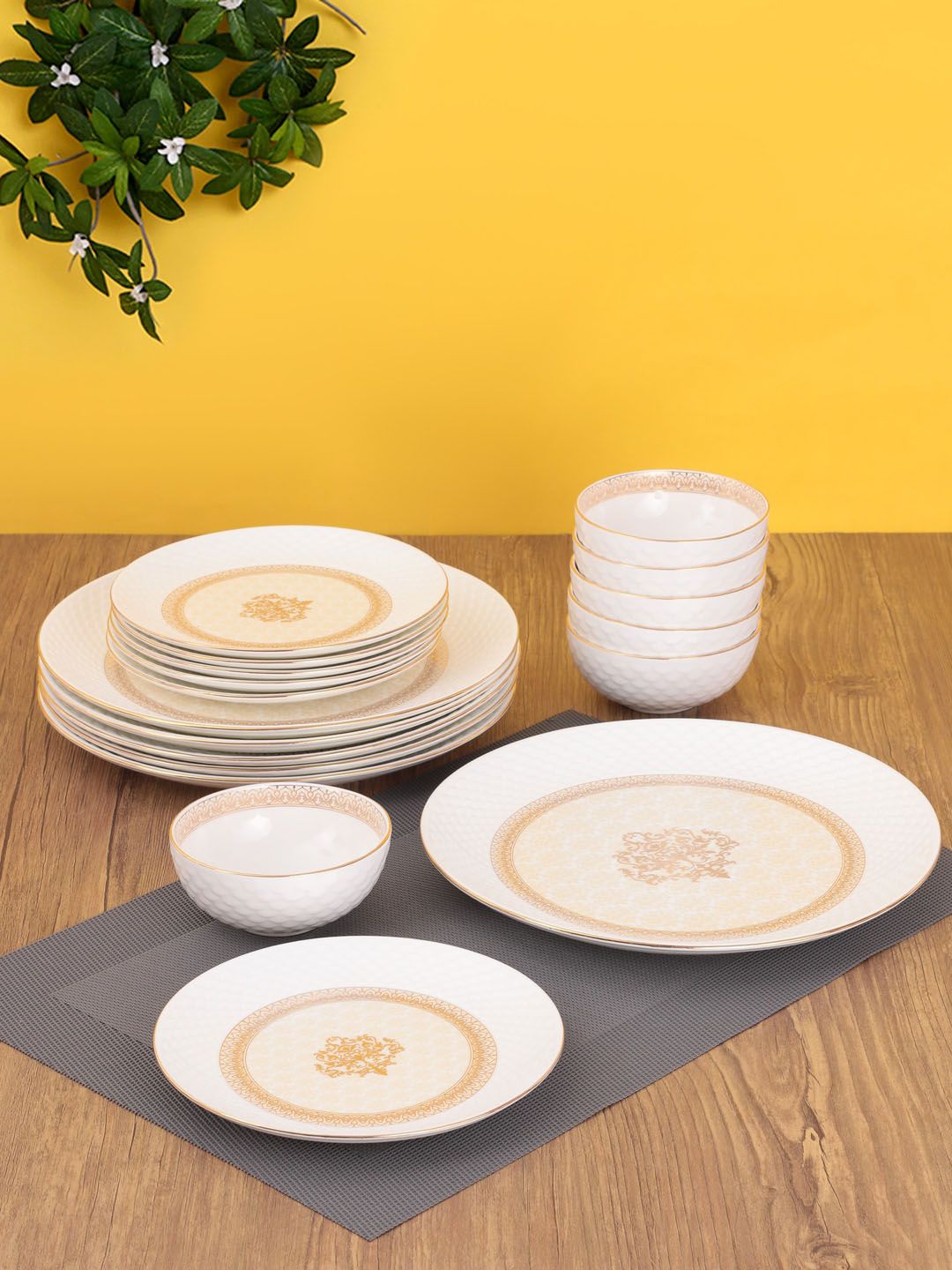 CLAY CRAFT White & Beige 18 Pieces Ceramic Printed Dinner Set Price in India