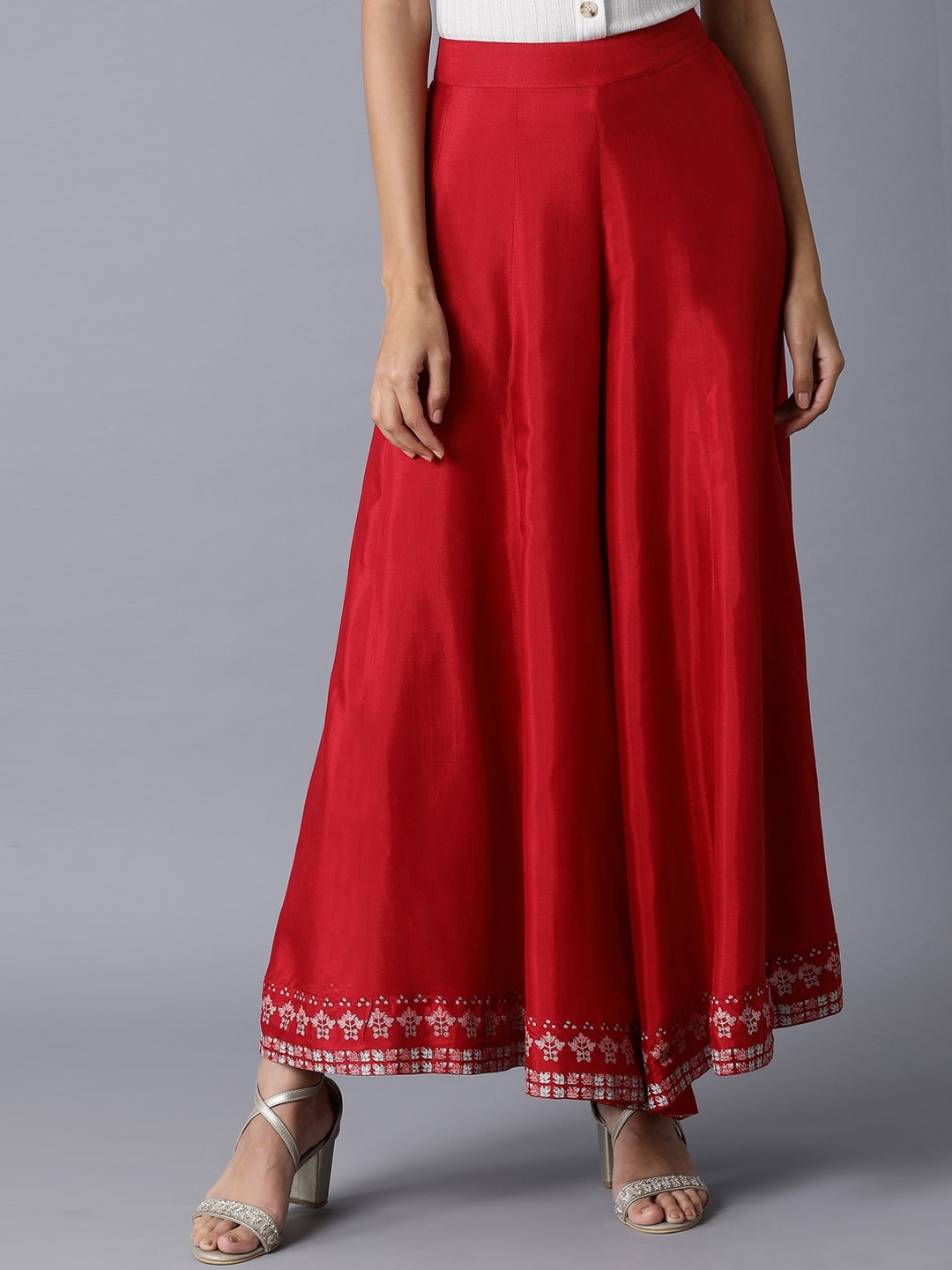 W Women Red Hem Design Cotton Flared Palazzos Price in India