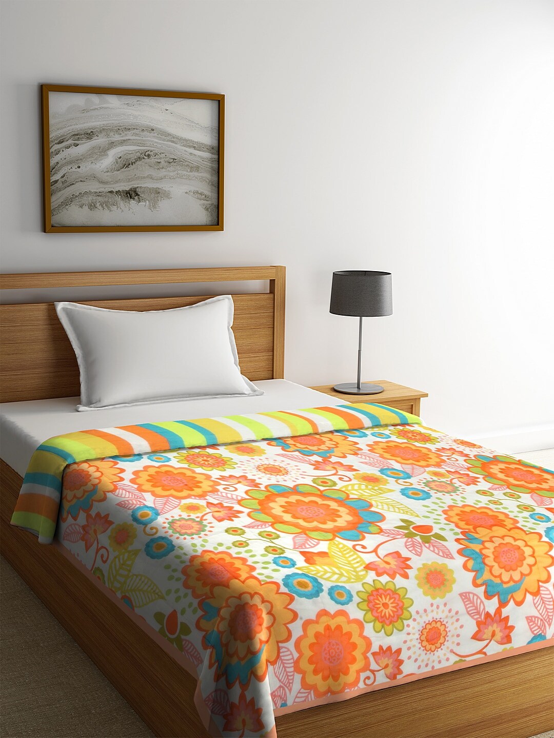 REME White & Orange Floral AC Room Organic Cotton 150 GSM Single Bed Quilt Price in India