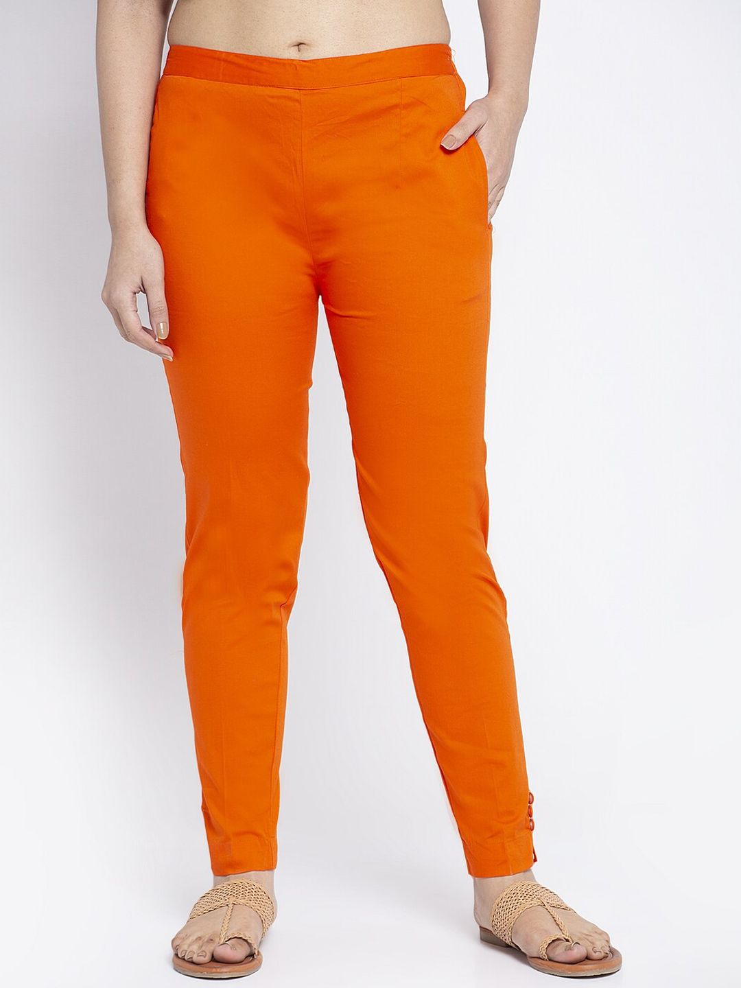 GRACIT Women Orange Slim Fit Solid Cigarette Trousers