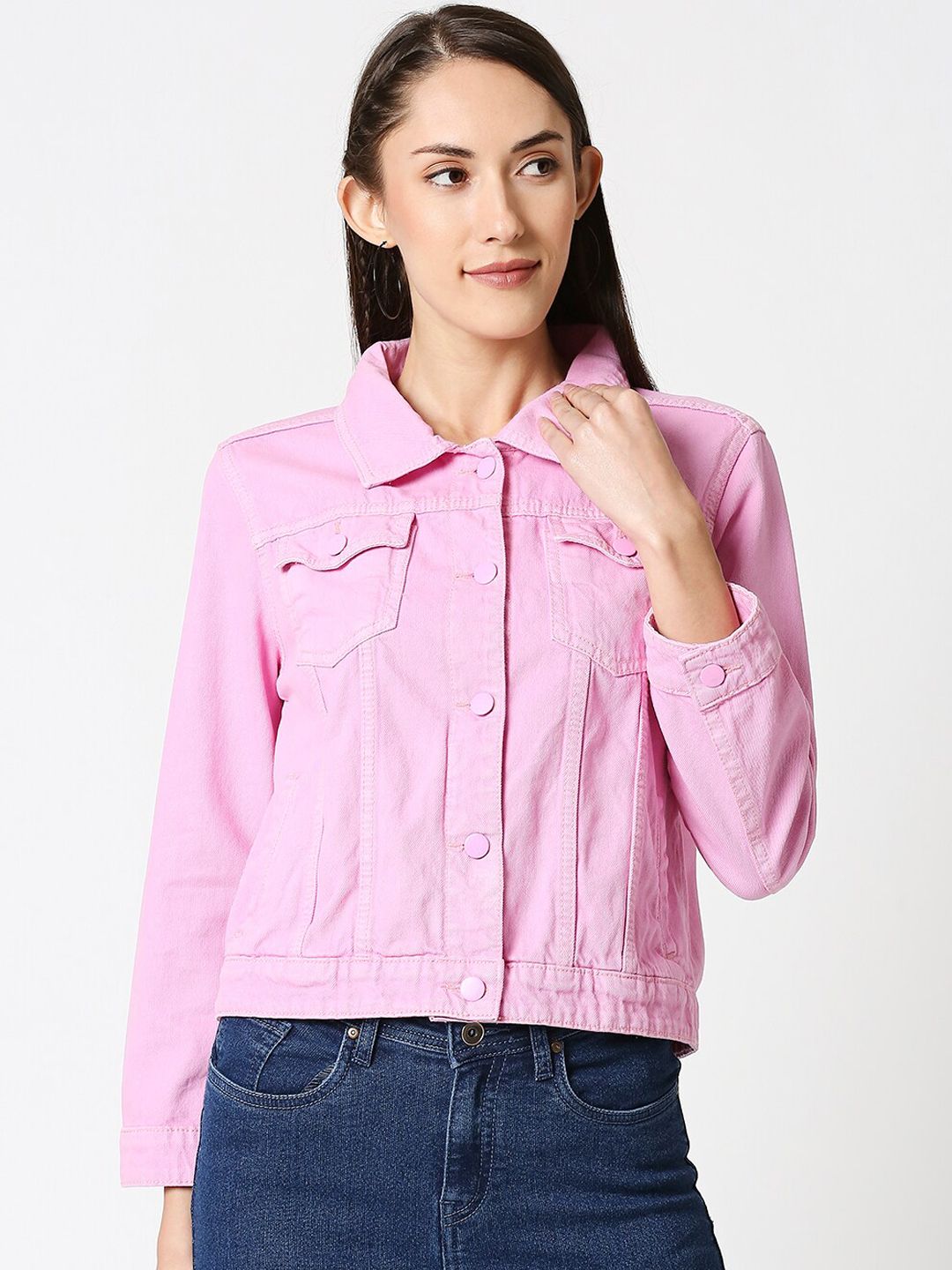 High Star Women Pink Solid Stretchable Denim Jacket Price in India