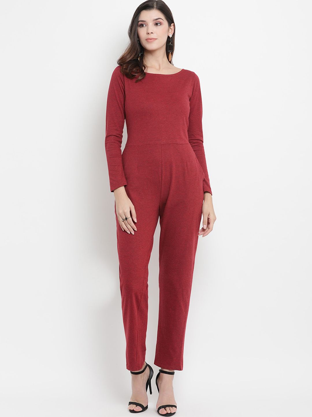 THREAD MUSTER Women Maroon Solid Basic Jumpsuit Price in India