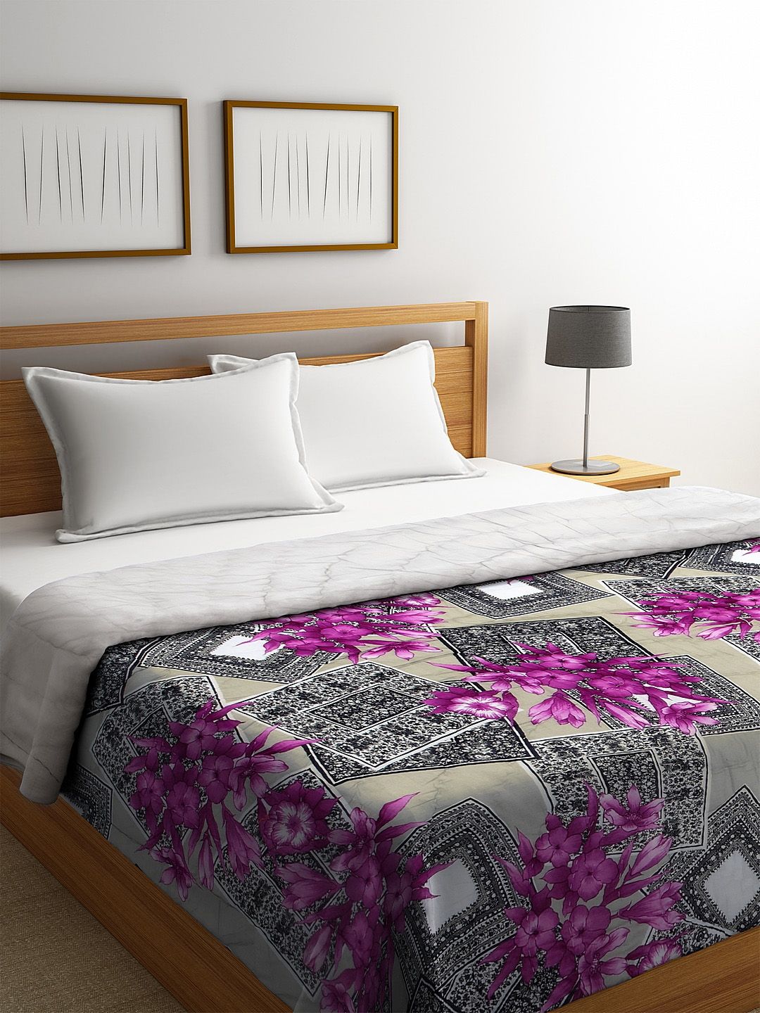 REME Purple & Grey Floral AC Room 150 GSM Organic Cotton Double Bed Quilt Price in India