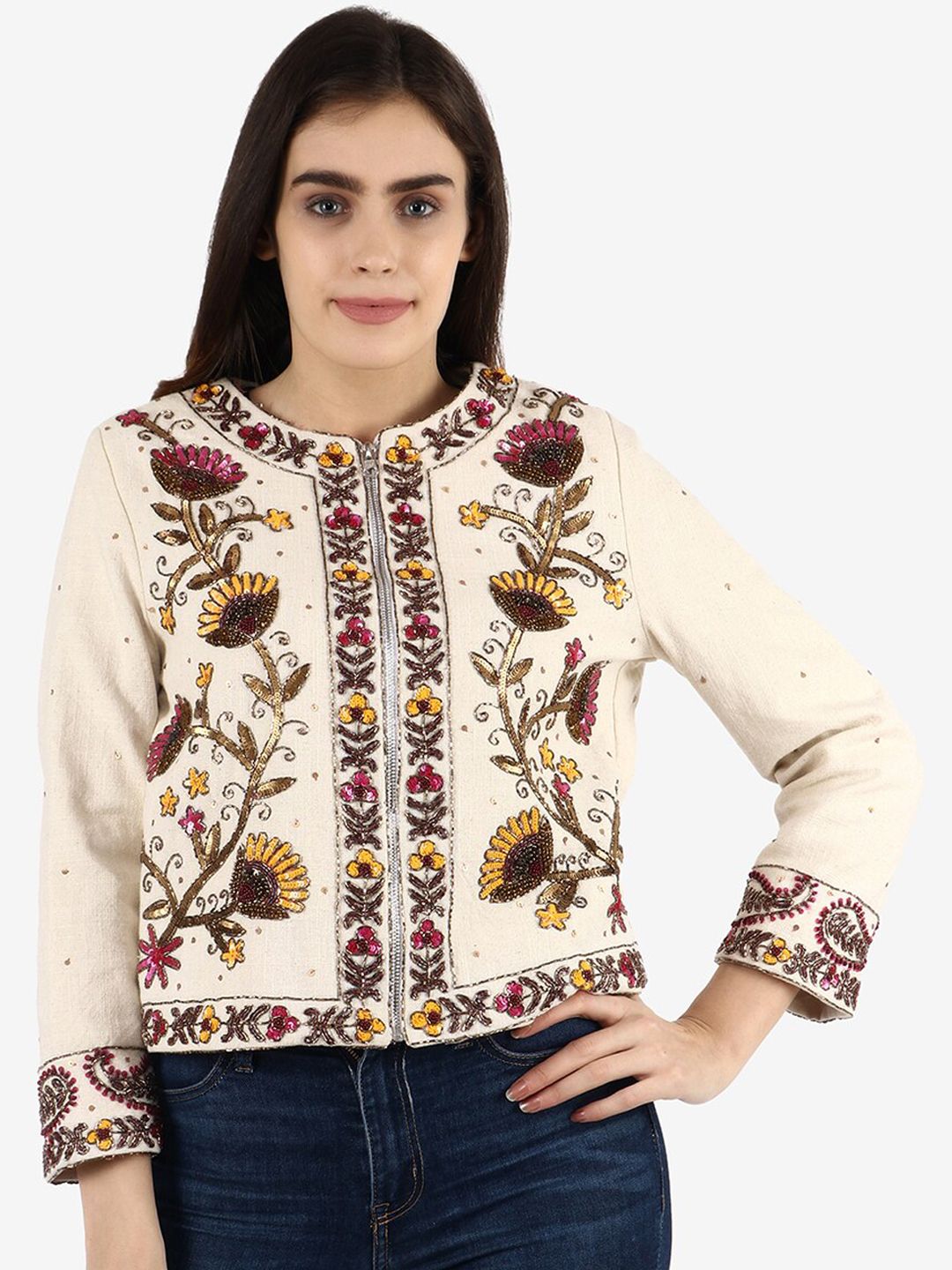 Diwaah Women Cream-Coloured & Golden Embellished Tailored Jacket Price in India