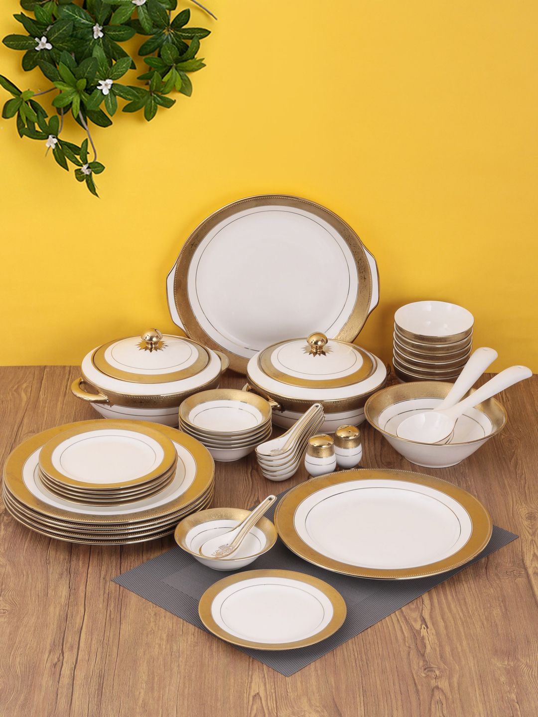 CLAY CRAFT White & Copper-Toned 40 Pieces Ceramic Printed Dinner Set Price in India
