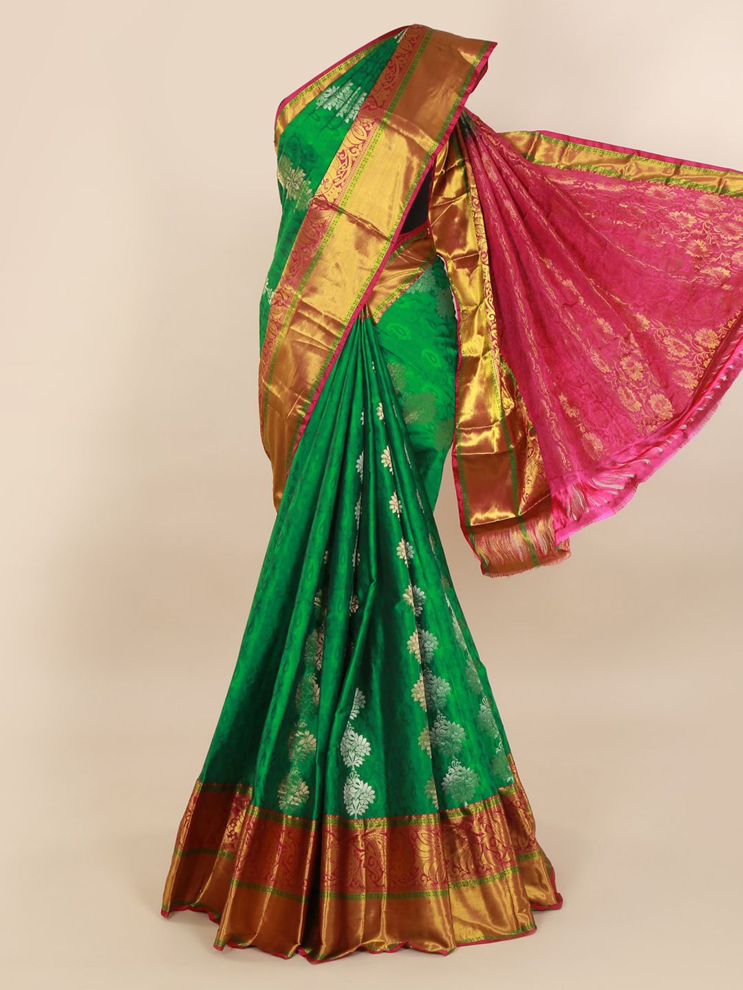 Pothys Green & Gold-Toned Pure Silk Woven Design Kanjeevaram Saree with Zari Border