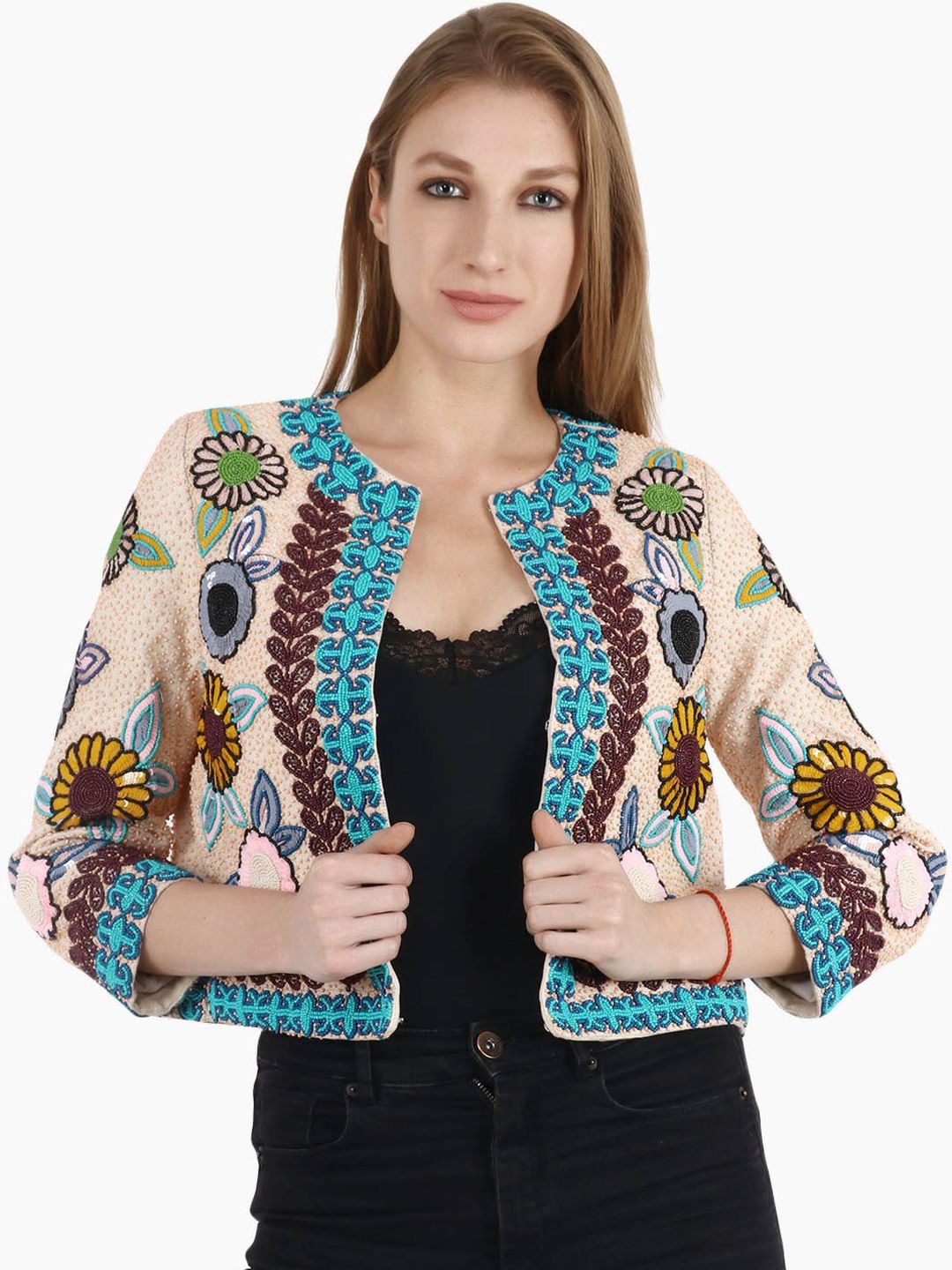 Diwaah Women Beige & Blue Self Design Open Front Jacket Price in India