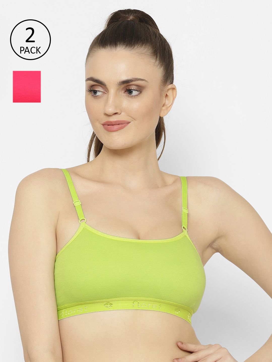 Floret Lime Green & Magenta Solid Set of 3 Workout Bra 1492_Lime Green-Magenta-Lime Green Price in India