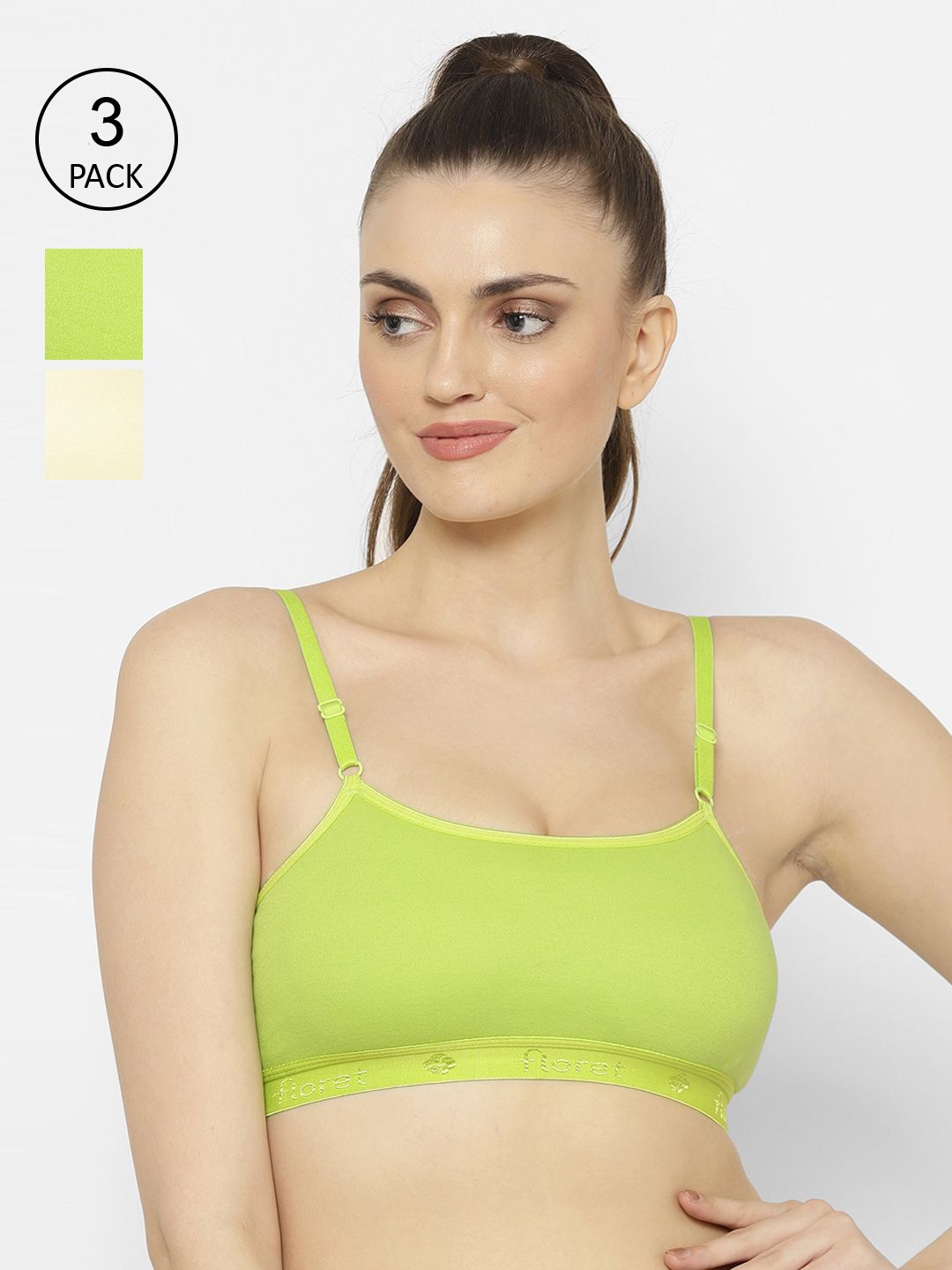 Floret Lime Green & Beige Solid Set of 3 Workout Bra 1492_Lime Green-Lemon Price in India